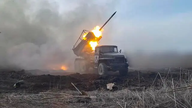 epa11258426 A still image taken from a handout video made available by the Russian Defence Ministry Press-Service on 04 April 2024 shows Russian troops firing a Grad multiple launch rocket system (MLRS) at an undisclosed position in the Donetsk region, eastern Ukraine. On 24 February 2022, Russian troops entered Ukrainian territory in what the Russian president declared a 'special military operation', starting an armed conflict that has provoked destruction and a humanitarian crisis. EPA/RUSSIAN DEFENCE MINISTRY PRESS SERVICE HANDOUT -- BEST QUALITY AVAILABLE -- MANDATORY CREDIT -- HANDOUT EDITORIAL USE ONLY/NO SALES HANDOUT EDITORIAL USE ONLY/NO SALES