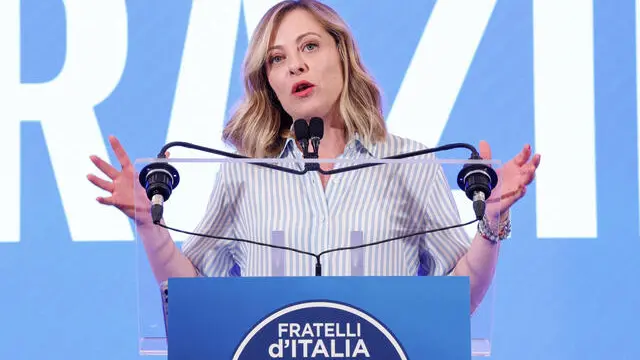 Giorgia Meloni at the headquarters of the Brothers of Italy (Fratelli d'Italia) speaks to journalists about the European Parliament election, in Rome, Italy, 9 June 2024. ANSA/GIUSEPPE LAMI