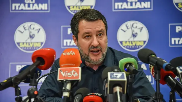 epa11401511 Lega leader Matteo Salvini speaks about the outcome of the European elections at the Lega headquarters in via Bellerio, Milan, Italy, 10 June 2024. EPA/MATTEO CORNER