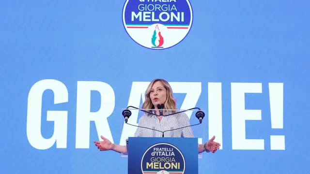 Giorgia Meloni at the headquarters of the Brothers of Italy (Fratelli d'Italia) speaks to journalists about the European Parliament election, in Rome, Italy, 9 June 2024. ANSA/GIUSEPPE LAMI