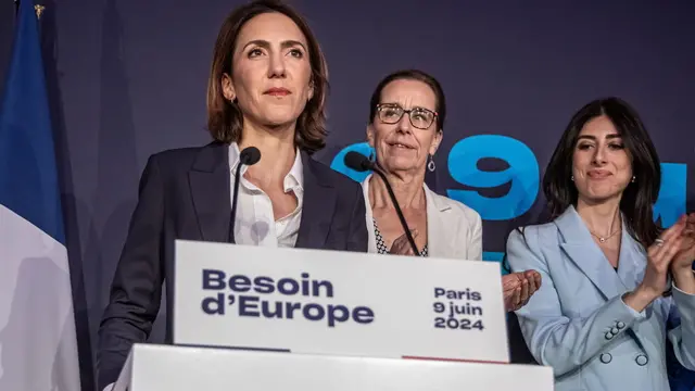 epa11400897 French Presidential party RE Renaissance candidate Valerie Hayer (L) addresses supporters at the electoral party after the announcement of the results in Paris, France, 09 June 2024, after the first results of the European Elections. The list of the Rassemblement National, led by party chief Jordan Bardella, is given winner in France, according to first estimations after polls. EPA/CHRISTOPHE PETIT TESSON