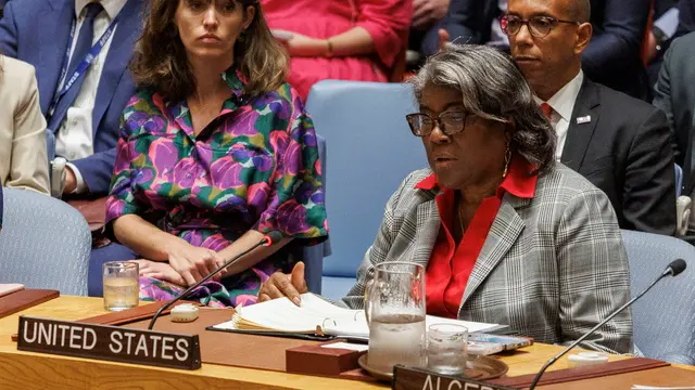 epa11402891 United States Ambassador Linda Thomas-Greenfield speaks during a Security Council meeting at UN Headquarters in New York, New York, USA, 10 June 2024. The council ultimately passed a resolution by the United States that supports a plan presented by US President Joe Biden for a ceasefire in the Israel-Gaza conflict. EPA/SARAH YENESEL