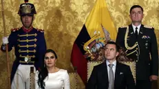 epa10991711 The President of Ecuador, Daniel Noboa (R), together with the Vice President, Veronica Abad (L), take part in a formal ceremony at the Carondeletale Palace after being invested in the National Assembly (Parliament) as head of state in replacement of Guillermo Lasso, in Quito, Ecuador, 23 November 2023. The young businessman will be in charge of the Presidency of Ecuador for a short term of just a year and a half to complete the 2021-2025 period. EPA/Jose Jacome