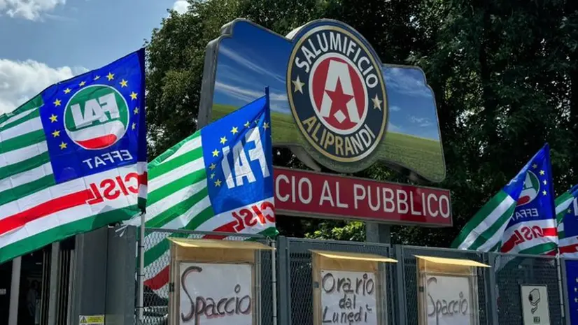 Le bandiere della Cisl fuori dallo stabilimento Aliprandi a Gussago - Foto © www.giornaledibrescia.it