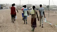 epa06945220 African migrants travel on foot from the coast of Shabwa province (500km), beside a road in the eastern province of Marib, Yemen, 05 August 2018 (issued 12 August 2018). For many of the migrants, who have traveled from their home countries in the Horn of Africa region, notably Somalia and Ethiopia, the long journey involves a risky voyage across the Gulf of Aden aboard a smugglerâs boat, before arriving on the shores of Yemen. After arriving on a beach in Yemen, migrants can walk hundreds of kilometers on foot through the desert landscape in order to reach towns or cities. EPA/YAHYA ARHAB