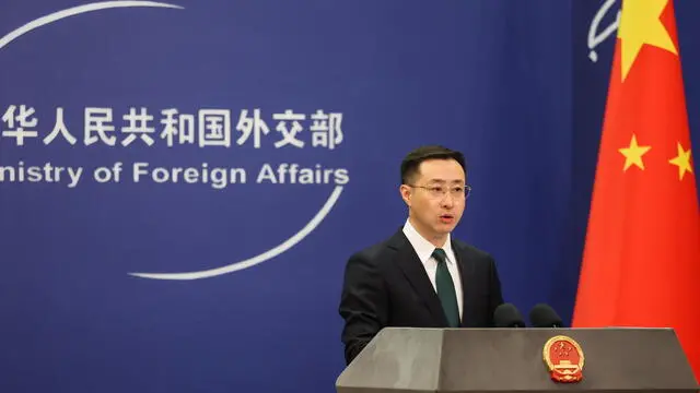 epa11279421 China’s Ministry of Foreign Affairs spokesperson, Lin Jian, speaks during a press conference in Beijing, China, 15 April 2024. China's Foreign Ministry spokesperson Lin Jian expressed 'deep concern' over the escalation of conflict following Iran’s missile and drone attack on Israel, and 'urge both sides to avoid escalation of the situation'. EPA/WU HAO