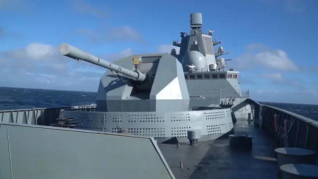 epa10427988 A still image taken from a handout video released on 25 January 2023 by Press Service of the ministry of Defence of the Russian Federation shows, the frigate Admiral Gorshkov armed with hypersonic missiles Zircon, during exercise at combat mission, in Atlantic Ocean. EPA/Press Service of Russian Defence Ministry/ HANDOUT MANDATORY CREDIT BEST QUALITY AVAILABLE HANDOUT EDITORIAL USE ONLY/NO SALES