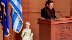 epa11096900 'Statue of a Goddess or Muse (Terpsichore)' is seen as Greek Minister of Culture Lina Mendoni speaks during a cultural cooperation agreement with Emory University in Atlanta, Georgia, USA, 22 January 2024. The agreement includes return of three objects in the collection of the Michael C. Carlos Museum at Emory and more educational opportunities for students. EPA/ERIK S. LESSER