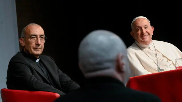 Pope Francis during the meeting with priests from the eleventh to the thirty-ninth year of ordination. Pope Francis met aorund 500 priests at the Salesian University of Rome, 11 June 2024. ANSA/ HO SALESIAN UNIVERSITY ++HO - NO SALES EDITORIAL USE ONLY++