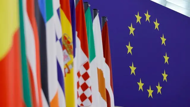 epa11130633 Flags and the logo of the European Union are seem inside of the Plenary chamber at the European Parliament in Strasbourg, France, 06 February 2024. The EU Parliament's session runs from 05 till 08 February 2024. EPA/RONALD WITTEK