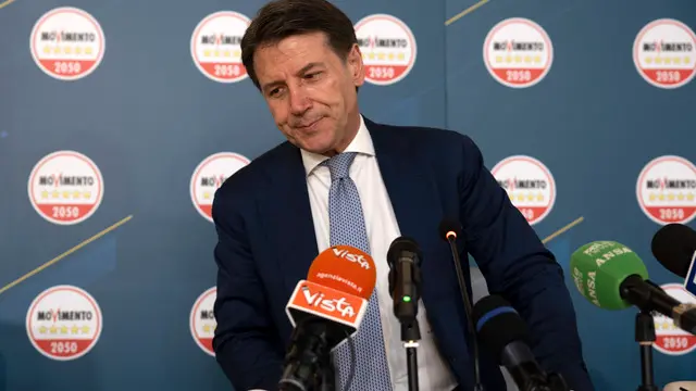 Giuseppe Conte leader del M5Stelle in conferenza stampa, commenta i risultati delle elezioni Europee. Roma, 10 giugno 2024 ANSA/MASSIMO PERCOSSI