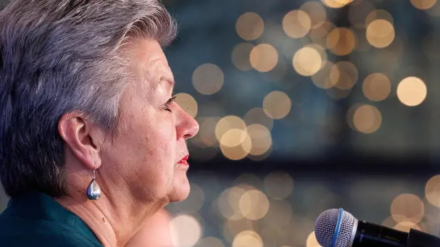 epa11310014 EU Commissioner for Home Affairs Ylva Johansson briefs the press after a Ministerial Conference on ImplementÂation and OperationalÂization of EU Pact Asylum and Migration in Ghent, Belgium, 30 April 2024. The conference will discuss the implementation and operationalization of the Pact, including the resources needed, actor roles, timelines, deliverables, and milestones. EPA/OLIVIER MATTHYS