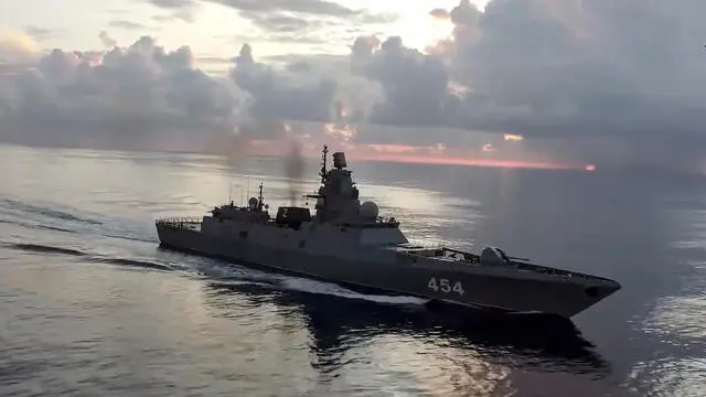 epa11404722 A still image taken from a handout video made available on 11 June 2024 by the Russian Defence Ministry press-service shows Russian Navy's 'Admiral Gorshkov' frigate taking part in military drills in the Atlantic Ocean while en route to Cuba. According to the Russian Ministry of Defence, a tactical naval strike group of the Northern Fleet, consisting of Project 885M multipurpose nuclear-powered submarine missile cruiser 'Kazan' and frigate 'Admiral Gorshkov', performing long-range missions, held an exercise in the Atlantic Ocean on the use of high-precision missile weapons. EPA/RUSSIAN DEFENCE MINISTRY PRESS SERVICE HANDOUT -- MANDATORY CREDIT -- BEST QUALITY AVAILABLE -- HANDOUT EDITORIAL USE ONLY/NO SALES HANDOUT EDITORIAL USE ONLY/NO SALES