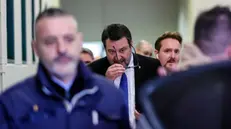 Mattep Salvini con il suo legale Giulia bongiorno escono dall'aula bunker con i volti distesi dopo l'udienza per il processo Open Arms a Palermo, 12 gennaio 2024 ANSA/IGOR PETYX