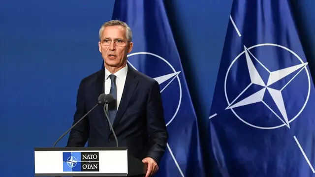 epa11405290 NATO Secretary General Jens Stoltenberg speaks during a joint press conference with Hungarian Prime Minister Viktor Orban (not pictured) following their meeting at the government headquarters in Budapest, Hungary, 12 June 2024. EPA/ZOLTAN MATHE HUNGARY OUT