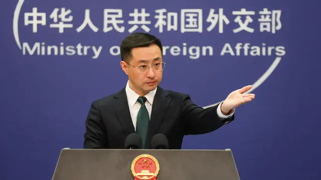 epa11279420 Chinaâ€™s Ministry of Foreign Affairs spokesperson, Lin Jian, gestures during a press conference in Beijing, China, 15 April 2024. China's Foreign Ministry spokesperson Lin Jian expressed 'deep concern' over the escalation of conflict following Iranâ€™s missile and drone attack on Israel, and 'urge both sides to avoid escalation of the situation'. EPA/WU HAO