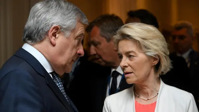 epa11418043 Italian Foreign Minister Antonio Tajani (L) and European Commission President Ursula von der Leyen (R) attend a European People's Party (EPP) leaders meeting ahead of an informal European Council in Brussels, Belgium, 17 June 2024. EU leaders gather in Brussels following the European Parliament elections to discuss the next institutional cycle and to renew the European institutions' top jobs. EPA/ALESSANDRO DI MEO