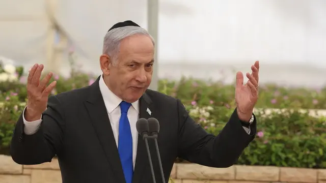 epa11420062 Israeli Prime Minister Benjamin Netanyahu attends the state memorial ceremony for the victims of the 1948 'Altalena Affair', at the Nahalat Yitzhak Cemetery in Tel Aviv, Israel, 18 June 2024. The weapons-laden cargo ship Altalena was involved in violent confrontations that erupted in June 1948 between the newly created Israel Defense Forces and the Irgun, a Jewish paramilitary group, during the process of absorbing all military organizations into the IDF following Israelâ€™s declaration of independence a month earlier. At least 16 people were killed in the confrontations. EPA/Shaul Golan / Yedioth Ahronoth POOL