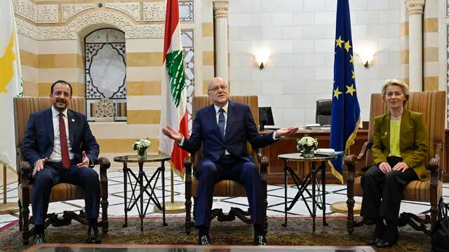 epa11313883 Lebanese caretaker Prime Minister Najib Mikati (C) meets with Cypriot President Nikos Christodoulides (L) and European Commission President Ursula von der Leyen (R) at the Government Palace in downtown Beirut, Lebanon, 02 May 2024. The president of Cyprus and the European Commission president are both in Beirut to talk about the current surge in Syrian refugee immigration. Around 2,140 people arrived by boat in Cyprus between 01 January and 04 April 2024, compared to only 78 people during that same period in 2023, the vast majority were Syrian nationals departing from Lebanon, according to the Cypriot Interior Ministry. EPA/WAEL HAMZEH