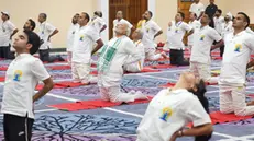 epa11427224 A handout photo made available by the Press Information Bureau (PIB) shows Indian Prime Minister Narendra Modi (C) doing yoga to mark the International Day of Yoga 2024 in Srinagar, the summer capital of Indian Kashmir, 21 June 2024. International Yoga Day is celebrated annually on 21 June and has been recognized worldwide since 2015. The United Nations declared yoga a practice of physical, mental, and spiritual exercise originating in ancient India. EPA/PRESS INFORMATON BUREAU/HANDOUT HANDOUT EDITORIAL USE ONLY/NO SALES HANDOUT EDITORIAL USE ONLY/NO SALES