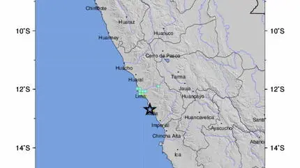 epa09294669 A handout shakemap made available by the United States Geological Survey (USGS) shows the location of a 5.8-magnitude earthquake off the coast of Mala, south of Lima, Peru, late 22 June 2021 (issued 23 June 2021). EPA/USGS HANDOUT HANDOUT EDITORIAL USE ONLY/NO SALES