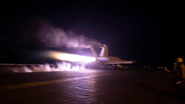 epa11097881 A handout photo made available by the US Navy shows an aircraft launching from USS Dwight D. Eisenhower (CVN 69) during flight operations in response to increased Houthi activities in the Red Sea, 22 January 2024 (issued 23 January 2024). The United States Central Command (CENTCOM) stated that on the night between 22 and 23 January US forces along with UK Armed Forces, and with the support from Australia, Bahrain, Canada, and the Netherlands, conducted air strikes on eight Houthi targets in Houthi-controlled areas of Yemen as part of ongoing international efforts to respond to increased Houthi activities destabilizing the region. EPA/MC3 KAITLIN WATT/US NAVY HANDOUT HANDOUT EDITORIAL USE ONLY/NO SALES HANDOUT EDITORIAL USE ONLY/NO SALES