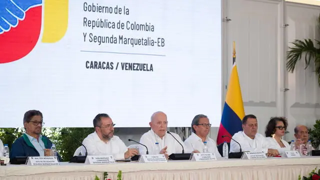epa11435074 The peace commissioner of the Government of Colombia, Otty Patino (3-L), speaks at the installation of the first cycle of negotiations with the Segunda Marquetalia, in Caracas, Venezuela, 24 June 2024. The delegations of the Government of Colombia and the Segunda Marquetalia - a FARC dissident made up of former guerrillas who abandoned the 2016 peace agreement - 'formally' installed the peace dialogue table of the first cycle of negotiations, which is expected to last five days, in which the de-escalation of the conflict and the conditions for peaceful coexistence, among other issues, will be addressed. EPA/RONALD PENA R