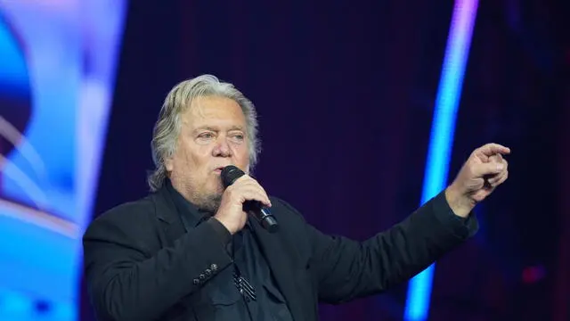 epa11413380 Steve Bannon, former senior counselor to former president Donald J. Trump, speaks at The People’s Convention, a gathering of prominent conservatives organized by the political group Turning Point Action, in Detroit, Michigan, USA, 15 June 2024. EPA/DIEU-NIALO CHERY