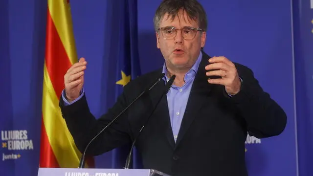epa11383705 Junts per Catalunya (Together for Catalonia) party president Carles Puigdemont speaks during a campaign event ahead of the European Parliament elections in Brussels, Belgium, 01 June 2024. The European Parliament elections are scheduled across EU member states from 06 to 09 June 2024. EPA/OLIVIER HOSLET
