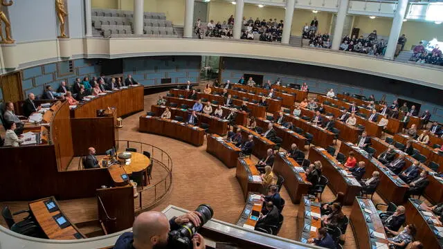 epa09942730 A general view of the Finnish Parliament during a session in which NATO membership is a topic, at the Parliament in Helsinki, Finland, 12 May 2022. Finland's parliament will hold debates on 16 May 16 on the prospects of the country's membership in NATO, Finnish parliament speaker Matti Vanhanen said. EPA/MAURI RATILAINEN