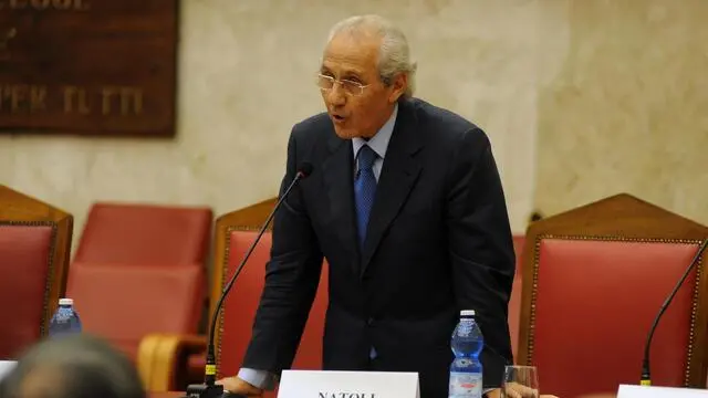 Il presidente della Corte d'Appello di Palermo, Gioacchino Natoli, durante la commemorazione, organizzata al Palazzo di Giustizia di Palermo dall'Anm, del 23/o anniversario dell'assassinio del giudice Paolo Borsellino, Palermo, 18 luglio 2015. ANSA/ MIKE PALAZZOTTO