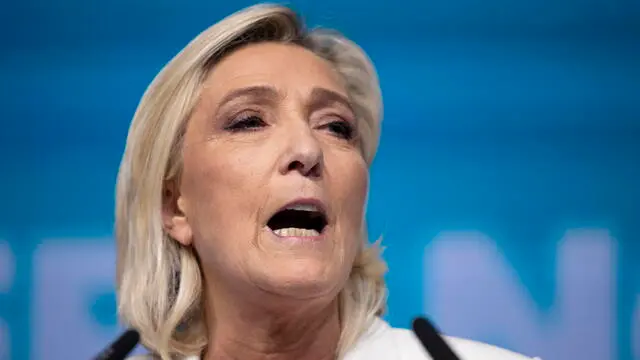 epa11400717 National Rally parliamentary party leader Marine Le Pen delivers a speech at the electoral party of the French right-wing party National Rally (Rassemblement National or RN) in Paris, France, 09 June 2024, after the first results of the European elections. The list of the Rassemblement National, led by party chief Jordan Bardella, is given winner in France according to first estimations after polls. EPA/ANDRE PAIN