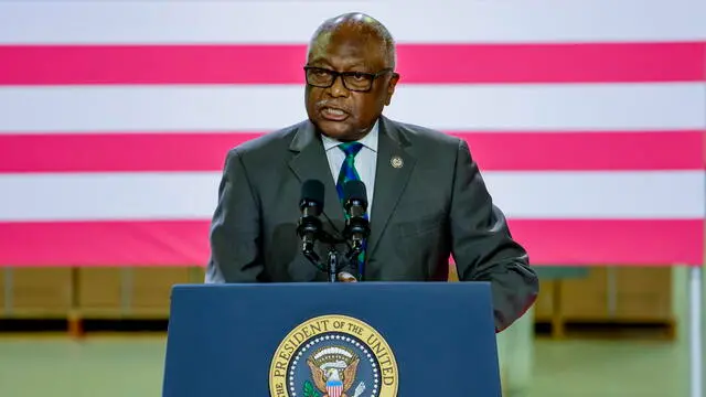 epa10730641 Democratic Representative from South Carolina Jim Clyburn speaks before US President Biden (not pictured) gives remarks at Flex LTD., in West Columbia, South Carolina, USA, 06 July 2023. Biden announced a new manufacturing partnership between Enphase Energy and Flex LTD. EPA/ERIK S. LESSER
