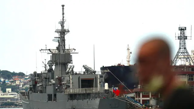 epa10106841 Taiwan Navy's Chi Yang-class frigate Ning Yang (FFG-938) is anchored at a harbour in Keelung city, Taiwan, 05 August 2022. Following a visit of US House of Representatives Speaker Pelosi to Taiwan, the Chinese military started to hold a series of live-fire drills in six maritime areas around Taiwan's main island, planned from 04 to 07 August 2022. EPA/RITCHIE B. TONGO