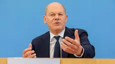 epa11458871 German Chancellor Olaf Scholz attends a press conference in Berlin, Germany, 05 July 2024. After lengthy negotiations, the leaders of the German coalition government have achieved a breakthrough on the 2025 budget and the growth package. EPA/CHRISTIAN THIEL