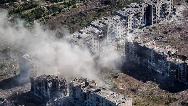 epa11457665 A handout picture made available by the press service of the 24th Mechanized Brigade of Ukrainian Armed Forces shows an aerial view of the damaged Novyy district where the 24 Mechanized Brigade named after King Danylo held the position the previous month in the city of Chasiv Yar in the Donetsk region, Ukraine, 04 July 2024 amid the Russian invasion. Russian troops entered Ukrainian territory on 24 February 2022, starting a conflict that has provoked destruction and a humanitarian crisis. EPA/Press service of 24 Mechanized brigade handout HANDOUT HANDOUT EDITORIAL USE ONLY/NO SALES