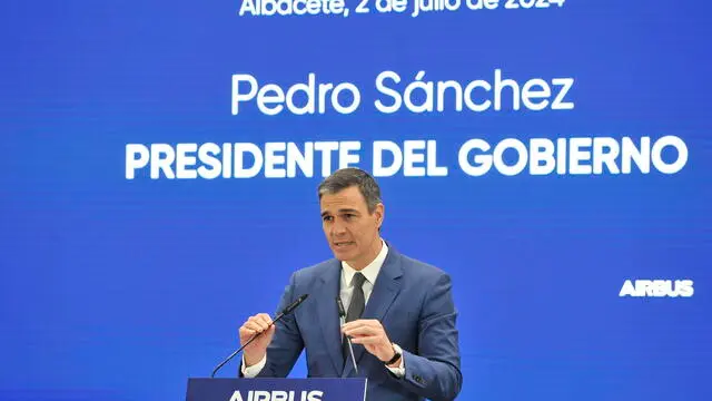 epa11452178 Spanish Prime Minister Pedro Sanchez delivers a speech during the opening ceremony of the new Airbus Helicopters Industrial Logistics Hub, in Albacete, Spain, 02 July 2024. Airbus' new facility is located in the Logistics and Aeronautical Park of Albacete (PALA), that is a core part of Airbus Helicopters' global industrial set up, established as the center of excellence for rear fuselage of Airbus' entire civil helicopter range and where the production of the front and center fuselages for all variants and customers of the NH90 helicopter takes place. EPA/MANU