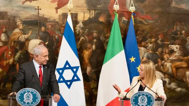 Italian Prime Minister Giorgia Meloni and Israeli Prime Minister Benjamin Netanyahu during their meeting at Chigi Palace in Rome, Italy, 10 March 2023. ANSA/CHIGI'SPALACE PRESS OFFICE/FILIPPO ATTILI +++ ANSA PROVIDES ACCESS TO THIS HANDOUT PHOTO TO BE USED SOLELY TO ILLUSTRATE NEWS REPORTING OR COMMENTARY ON THE FACTS OR EVENTS DEPICTED IN THIS IMAGE; NO ARCHIVING; NO LICENSING +++NPK+++