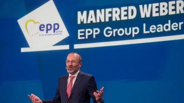 epa11400974 CSU's top candidate in the European elections, the EPP Group Chairman in the European Parliament Manfred Weber reacts on stage at European Parliament Hemicycle during the European election electoral evening in Brussels, Belgium, 09 June 2024. The European Parliament elections take place across EU member states from 06 to 09 June 2024. Members of the European Parliament met for the last time of the legislature in plenary session in Strasbourg on 25 April 2024. EPA/OLIVIER HOSLET