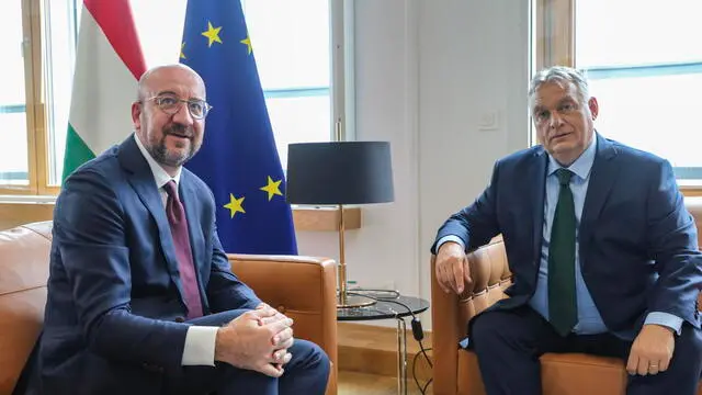 epa11450081 EU Council President Charles Michel (L) and Hungarian Prime Minister Viktor Orban (R) attend their meeting in Brussels, Belgium, 01 July 2024. Hungarian Prime Minister Viktor Orban is visiting Brussels as Hungary takes over the Presidency of the European Union from 01 July. EPA/NICOLAS LANDEMARD