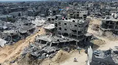 epa11279418 Aerial view taken with a drone showing general destruction in the city of Khan Yunis in the Gaza Strip, following the Israeli army withdrawal from the region, on 14 April 2024. More than 33,700 Palestinians and over 1,450 Israelis have been killed, according to the Palestinian Health Ministry and the Israel Defense Forces (IDF), since Hamas militants launched an attack against Israel from the Gaza Strip on 07 October 2023, and the Israeli operations in Gaza and the West Bank which followed it. EPA/STR