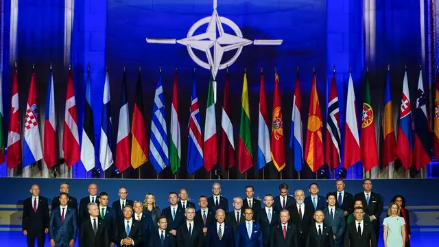 epa11469459 Leaders of NATO member countries and NATO Secretary General Jens Stoltenberg gather for a family photo at the NATO 75th Anniversary ceremony at the Mellon Auditorium in Washington, DC, USA, 09 July 2024. The 75th Anniversary NATO Summit is taking place in Washington, DC from 09-11 July. EPA/SHAWN THEW