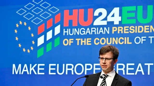 epa11420079 European Affairs Minister Janos Boka of Hungary presents the programme and official priorities and social media pages of Hungary's EU Presidency, during a press conference held in the Varkert Bazaar conference hall in Budapest, Hungary, 18 June 2024. Hungary takes over the rotating presidency of the European Union from Belgium as of 01 July 2024. EPA/Peter Lakatos HUNGARY OUT