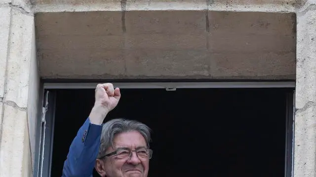 epa11465934 Jean-Luc Melenchon leader of La France Insoumise (LFI) reacts after the announcement of the results of the second round of the legislative elections in Paris, France, 07 July 2024. France voted in the second round of the legislative elections on 07 July. According to the first official results, the left-wing New Popular Front (Nouveau Front populaire, NFP) was ahead of President Macron's party and Le Pen's far-right National Rally (RN). EPA/ANDRE PAIN
