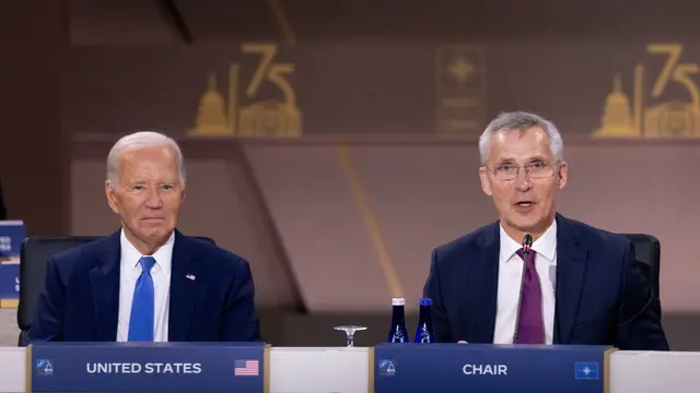 epa11473260 US President Joe Biden (L) and NATO Secretary General Jens Stoltenberg (R) attend a meeting of the NATO-Ukraine Council during the North Atlantic Treaty Organization (NATO) Summit at Walter E. Washington Convention Center in Washington, DC, USA, 11 July 2024. The 75th Anniversary NATO Summit is taking place in Washington, DC, from 09 to 11 July 2024. EPA/MICHAEL REYNOLDS