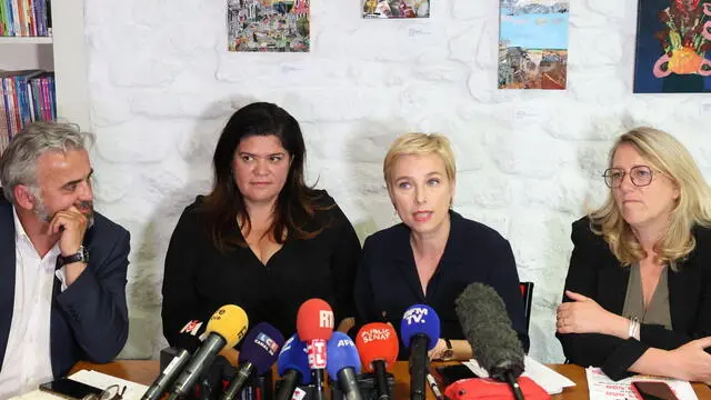 epa11450635 Parliamentary election candidates Alexis Corbiere (L), Raquel Garrido (2-L), and Danielle Simonnet (R), and Clementine Autain (2-R), reelected member of the National Assembly of France and member of the French extreme-left party La France Insoumise (LFI), hold a press conference in Paris, France, 01 July 2024. LFI has withdrawn its support for Alexis Corbiere, Raquel Garrido, and Danielle Simonnet, candidates in the ongoing Parliamentary election, following the first round of the legislative election, and presented opposing candidates against them. The second round of the vote will take place on 07 July 2024. EPA/MOHAMMED BADRA