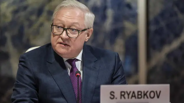 epa10498429 Deputy Minister of Foreign Affairs of the Russian Federation Sergei Ryabkov delivers his speech during a session of the Conference on Disarmament at the European headquarters of the United Nations in Geneva, Switzerland, 02 March 2023. EPA/MARTIAL TREZZINI