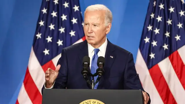 epa11473499 US President Joe Biden speaks during a press conference on the sidelines of the 75th Anniversary of the North Atlantic Treaty Organization (NATO) Summit at the Walter E. Washington Convention Center in Washington, DC, USA, 10 July 2024. President Biden is under increasing pressure from Democrats to step aside as the party’s presidential candidate. EPA/JIM LO SCALZO