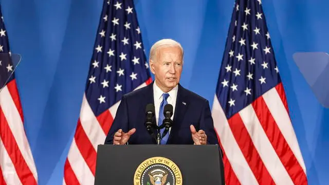 epa11473493 US President Joe Biden speaks during a press conference on the sidelines of the 75th Anniversary of the North Atlantic Treaty Organization (NATO) Summit at the Walter E. Washington Convention Center in Washington, DC, USA, 10 July 2024. President Biden is under increasing pressure from Democrats to step aside as the partyâ€™s presidential candidate. EPA/JIM LO SCALZO