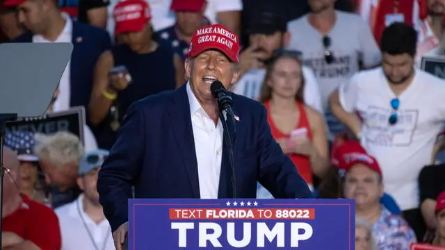 epa11469571 Former President Donald Trump delivers remarks during a campaign event at Trump National Doral Miami resort in Doral, Florida, USA, 09 July 2024. EPA/CRISTOBAL HERRERA-ULASHKEVICH